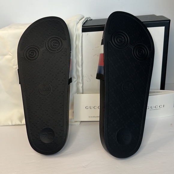 New 💯Authentic GUCCI WEB RUBBER SLIDE IN BLACK/Blue / Red &White Sandals - Picture 8 of 11